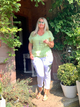 Load image into Gallery viewer, Leila Linen Front Jersey Back Casual Top With Glitter Trim One Size - Feathers Of Italy 
