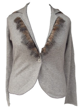 Load image into Gallery viewer, Luxury One Of a Kind 100% Cashmere &amp; Guinea Fowl Trim Fitted Jacket in Grey by Feathers Of Italy - Feathers Of Italy 
