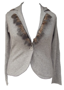 Luxury One Of a Kind 100% Cashmere & Guinea Fowl Trim Fitted Jacket in Grey by Feathers Of Italy - Feathers Of Italy 