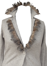 Load image into Gallery viewer, Luxury One Of a Kind 100% Cashmere &amp; Guinea Fowl Trim Fitted Jacket in Grey by Feathers Of Italy - Feathers Of Italy 

