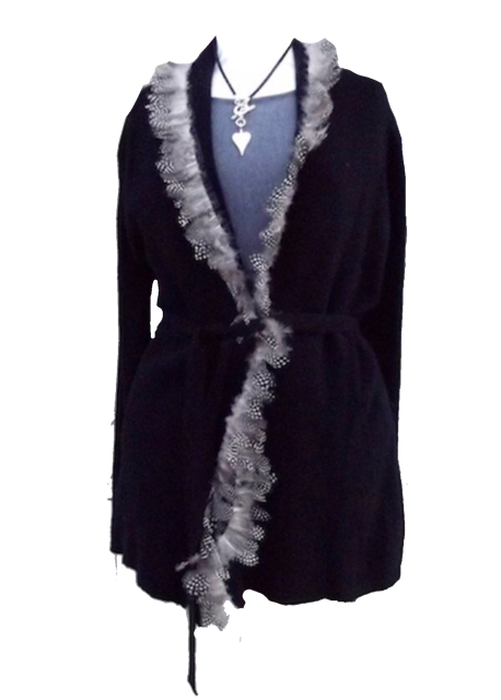 Luxury 100% Cashmere Coat with Guinea Fowl Feather Trim in Jet Black By Feathers Of Italy - Feathers Of Italy 
