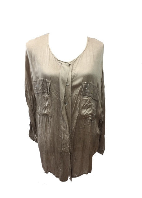 Milan Silk and Sequin Crinkle Silk Shirt in Mocha Made In Italy By Feathers Of Italy - Feathers Of Italy 