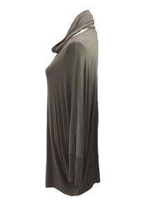 Slouch Long Sleeved T Shirt Top in Mocha With Cowl Neck Scarf Made In Italy By Feathers Of Italy - Feathers Of Italy 