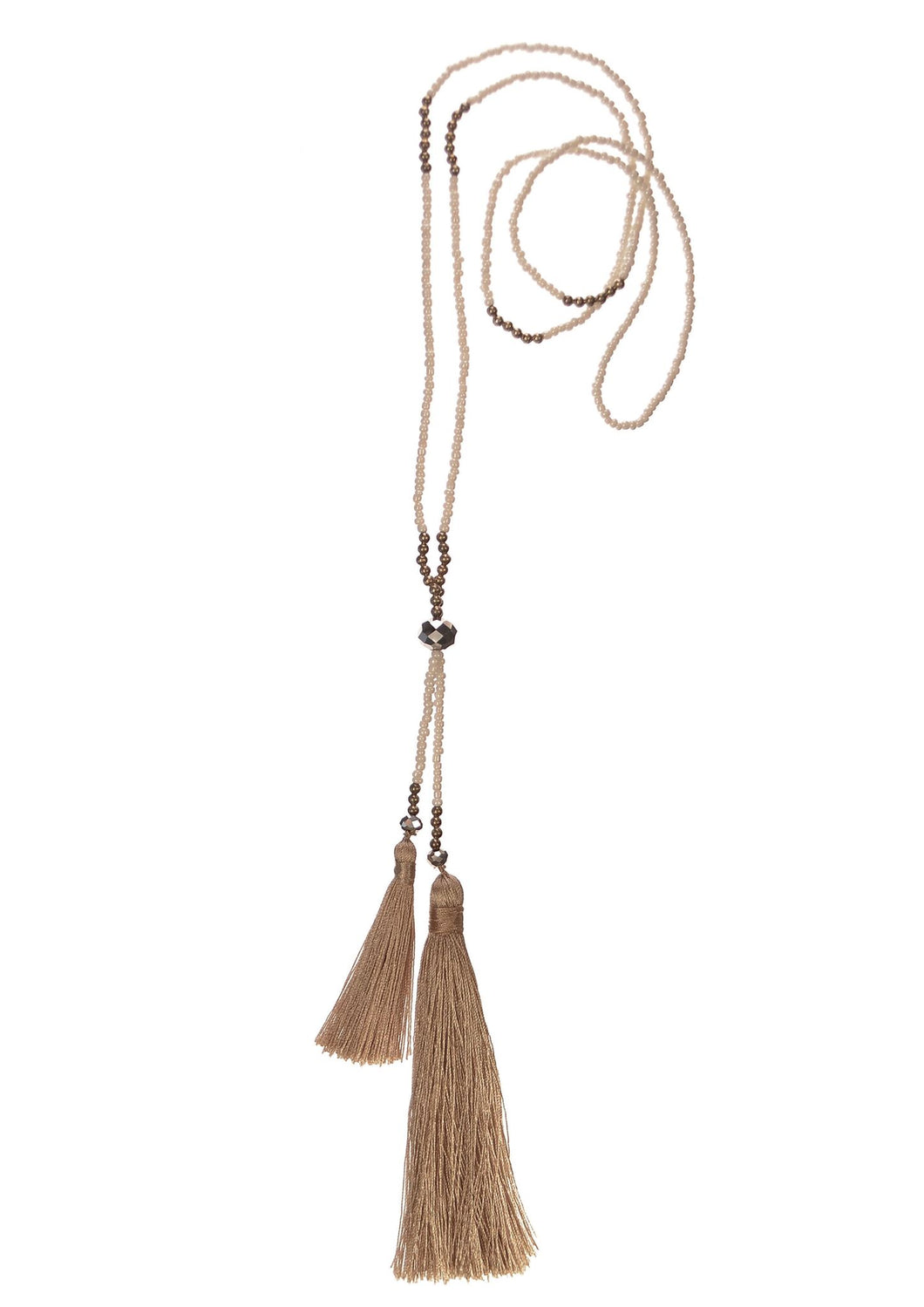 Limited Edition Double-Up Tassel W/Seed Beads - Winter White Pendant - Feathers Of Italy 