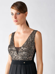 Rinascimento Abito Dress - Black Maxi Style With low Cut Front in Copper Sequins - Feathers Of Italy 