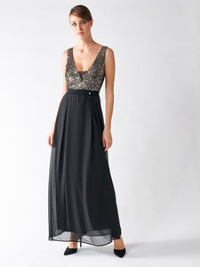 Rinascimento Abito Dress - Black Maxi Style With low Cut Front in Copper Sequins - Feathers Of Italy 