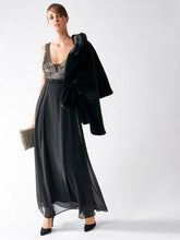 Load image into Gallery viewer, Rinascimento Abito Dress - Black Maxi Style With low Cut Front in Copper Sequins - Feathers Of Italy 

