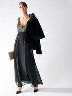 Rinascimento Abito Dress - Black Maxi Style With low Cut Front in Copper Sequins - Feathers Of Italy 