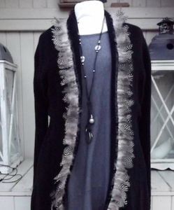 Luxury 100% Cashmere Coat with Guinea Fowl Feather Trim in Jet Black By Feathers Of Italy - Feathers Of Italy 