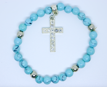 Load image into Gallery viewer, Limited Edition Precious Turquoise Stone and Diamond Encrusted Cross Bracelet - By Feathers Of Italy - Feathers Of Italy 
