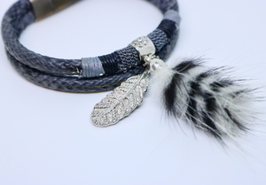 Grey Snake Print Silver Feather and Fur Pom Pom Tassel Double Wrap Bracelet - by Feathers Of Italy - Feathers Of Italy 