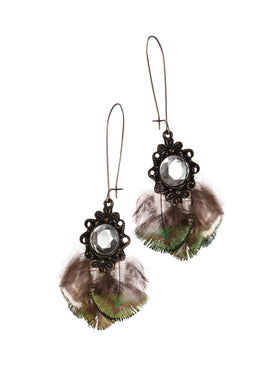 Birds of A Feather Earrings - Peacock & Crystal - Bronze - Feathers Of Italy 