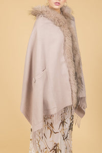 Lambswool Cape with Fur Trim Hood in Dusky Pink - Feathers Of Italy - Feathers Of Italy 