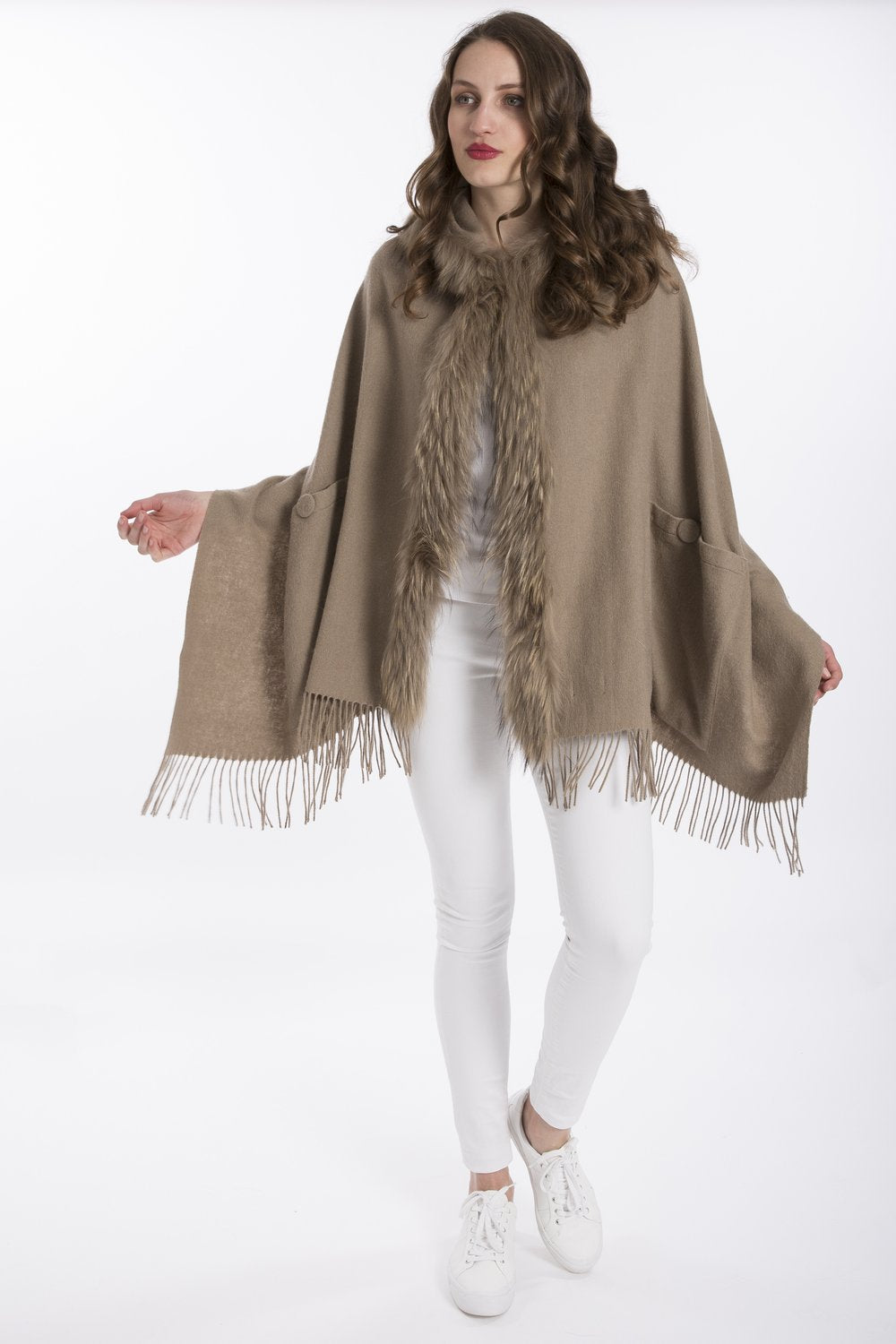 Lambswool Cape with Fur Trim Hood in Mocha - Feathers Of Italy - Feathers Of Italy 