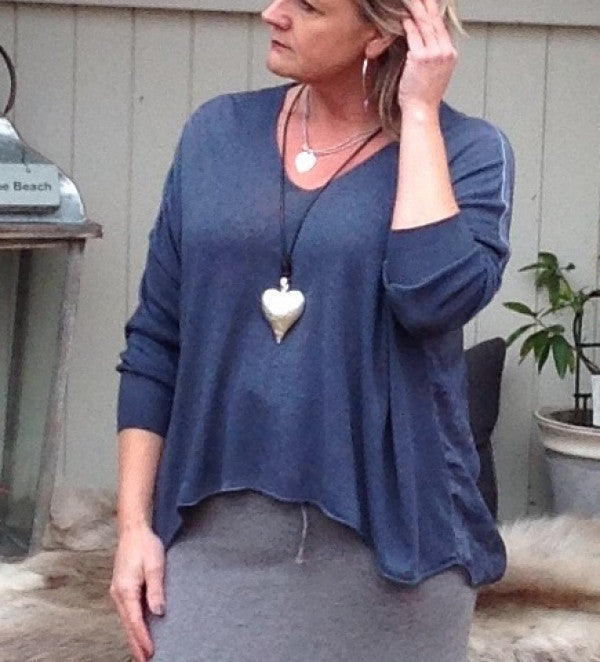 Chiffon Back Fine Knit Jumper in Blue Made In Italy By Feathers Of Italy One Size - Feathers Of Italy 