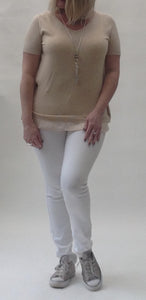 Diamante & Voile Fanback Jumper in Apricot - Feathers Of Italy 