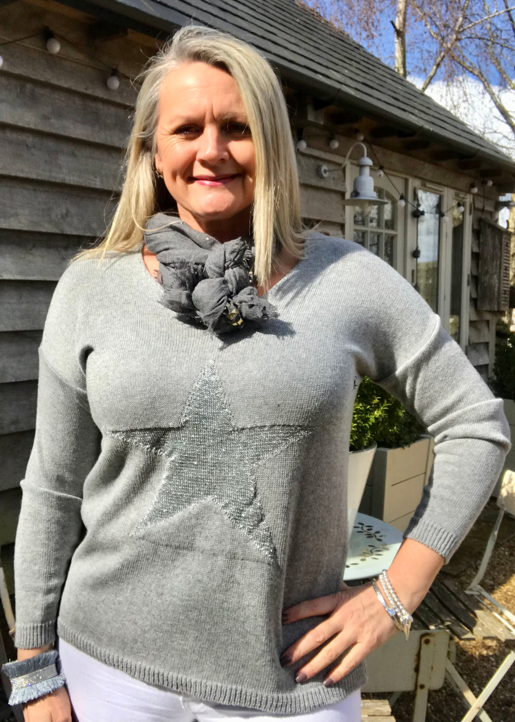 Star Fine Knit Jumper In Grey With Silver Heart Made In Italy by Feathers Of Italy One Size - Feathers Of Italy 