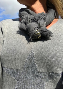 Star Fine Knit Jumper In Grey With Silver Heart Made In Italy by Feathers Of Italy One Size - Feathers Of Italy 