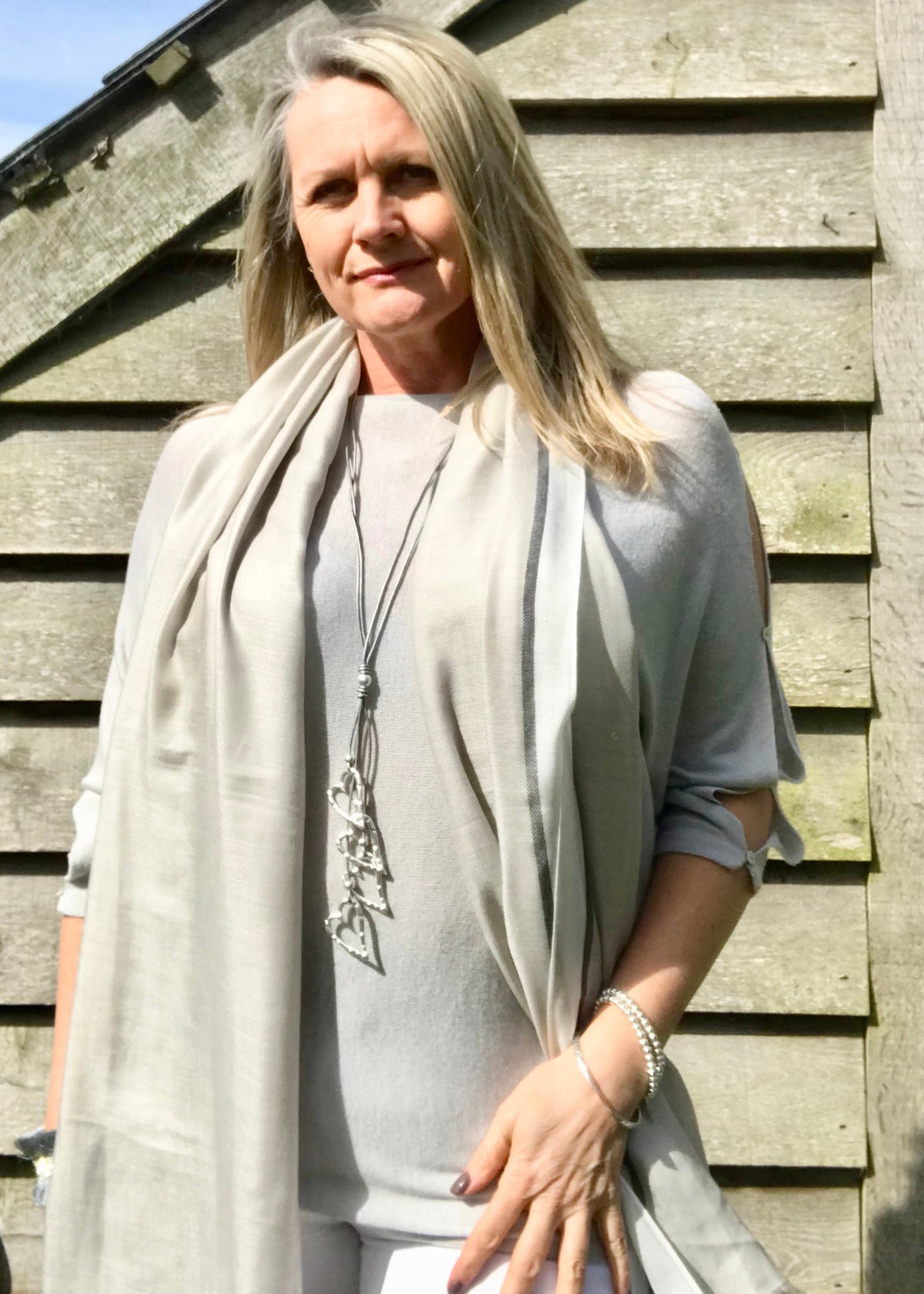 Button Slit Super Fine Knit Batwing Jumper In Silver Made In Italy by Feathers Of Italy