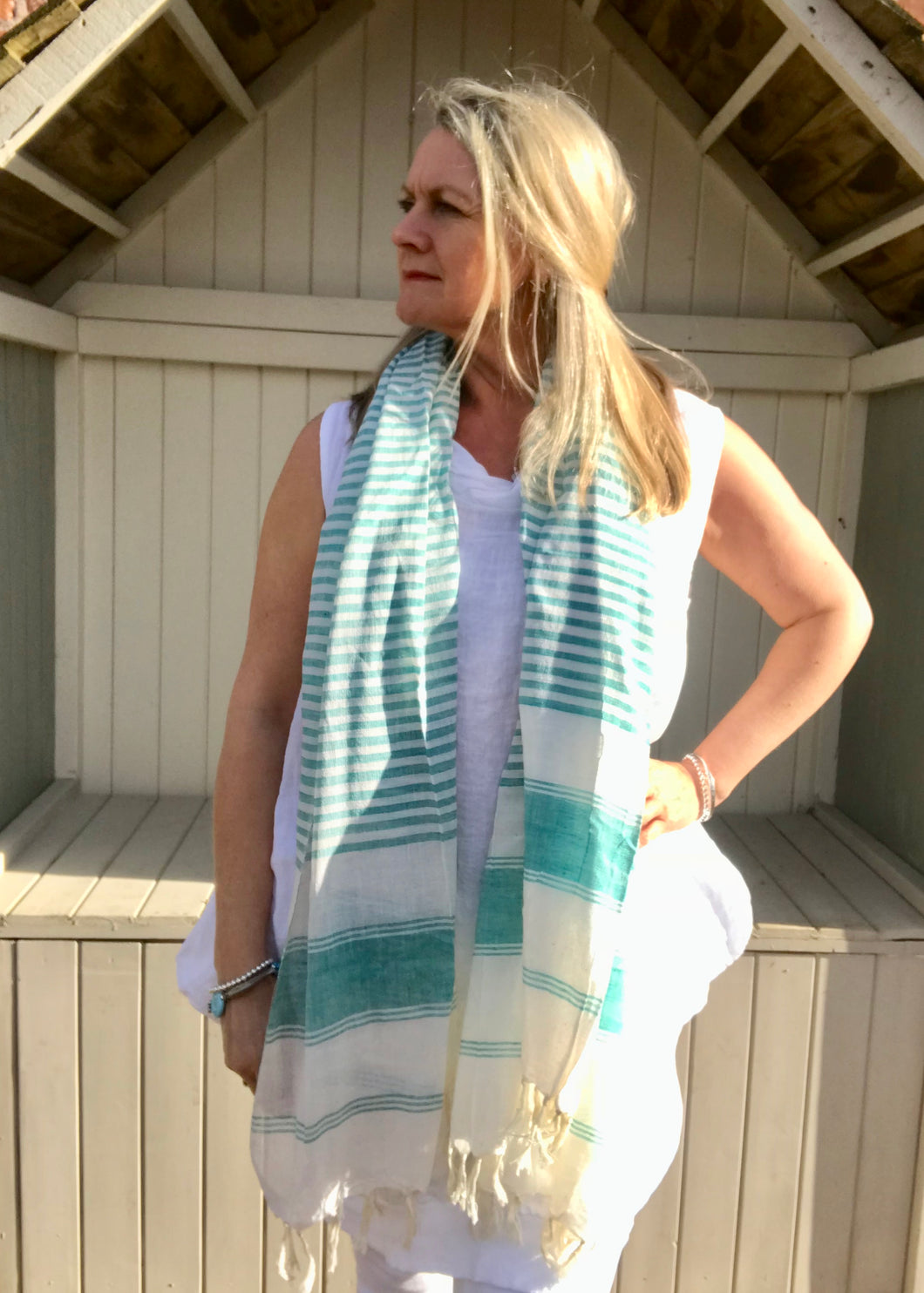 Linen Look 100% Cotton Scarf in Aqua Stripe Made In Italy By Feathers Of Italy One Size - Feathers Of Italy 