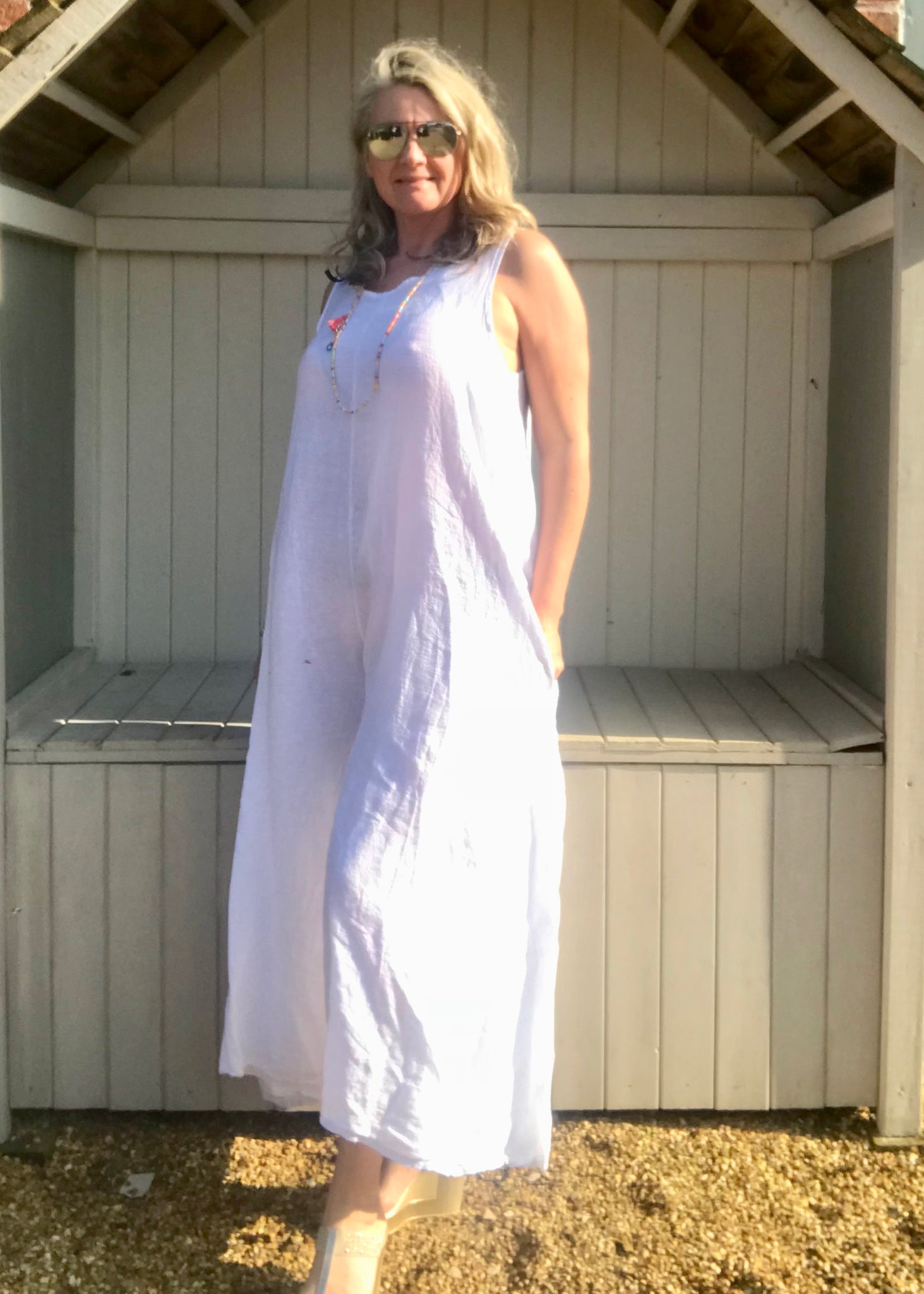 Linen Jumpsuit in White Made in Italy by Feathers Of Italy One Size