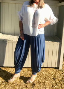 Jersey Hareem Trousers in White, Black, Silver and Sky Blue, Made In Italy by Feathers Of Italy One Size - Feathers Of Italy 