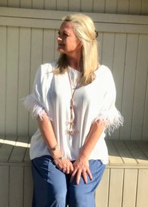 Orciano Pisano Ostrich Feather Sleeve Trim Top in White Made In Italy by Feathers Of Italy One Size - Feathers Of Italy 