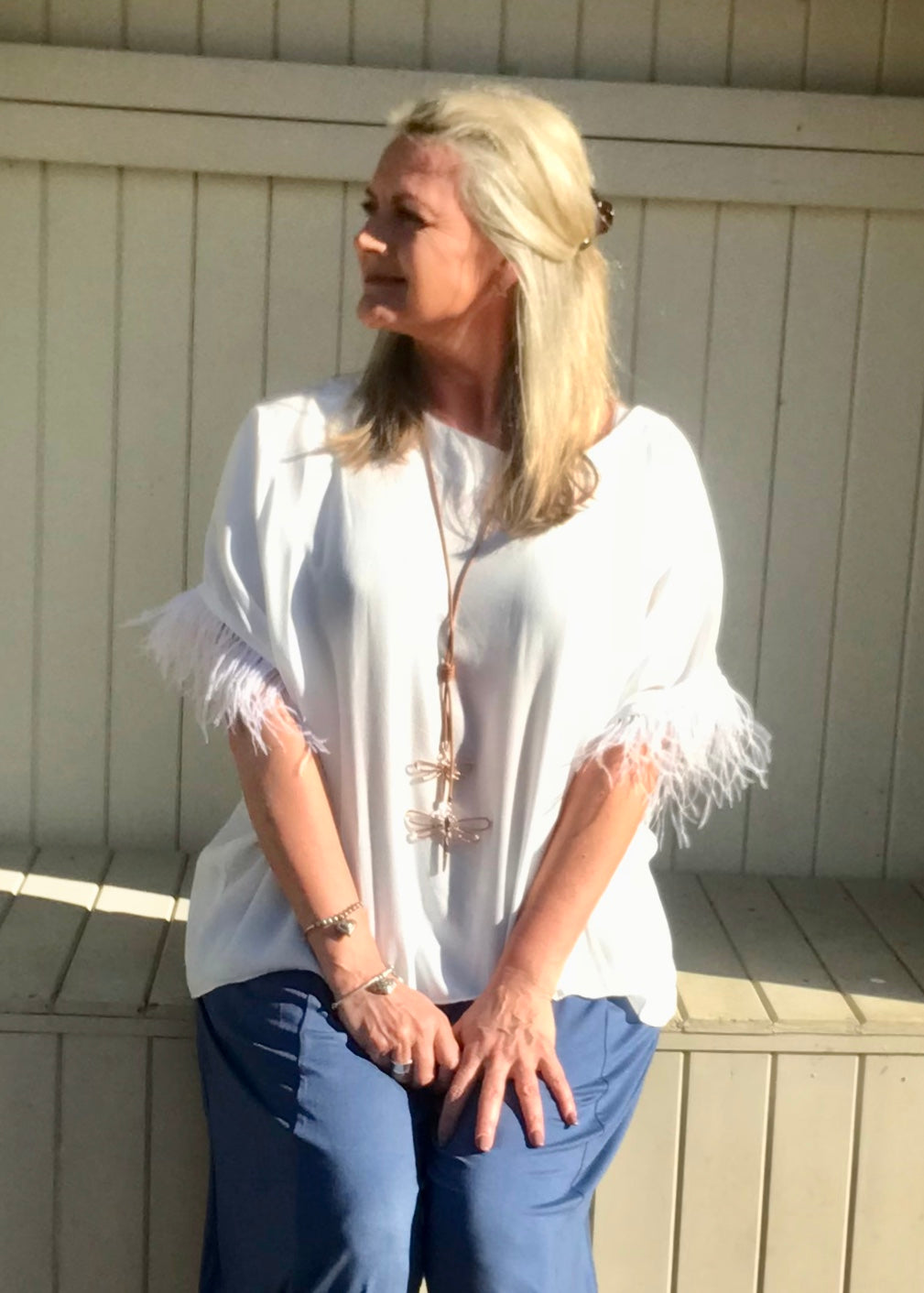 Orciano Pisano Ostrich Feather Sleeve Trim Top in White Made In Italy by Feathers Of Italy One Size - Feathers Of Italy 