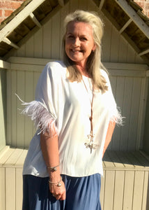 Orciano Pisano Ostrich Feather Sleeve Trim Top in White Made In Italy by Feathers Of Italy One Size - Feathers Of Italy 