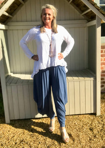 Jersey Hareem Trousers in White, Black, Silver and Sky Blue, Made In Italy by Feathers Of Italy One Size - Feathers Of Italy 