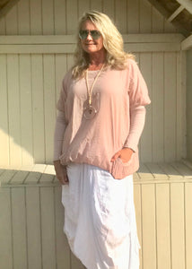 Pink Cotton Top With Ribbed Sleave Made In Italy By Feathers Of Italy One Size - Feathers Of Italy 