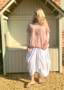 Pink Cotton Top With Ribbed Sleave Made In Italy By Feathers Of Italy One Size - Feathers Of Italy 