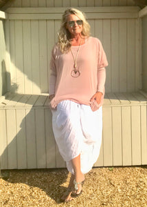 Pink Cotton Top With Ribbed Sleave Made In Italy By Feathers Of Italy One Size - Feathers Of Italy 