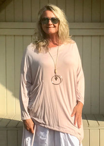 Jersey Asymmetric Round Neck Top in Pink Made In Italy By Feathers Of Italy - Feathers Of Italy 