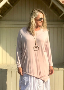 Jersey Asymmetric Round Neck Top in Pink Made In Italy By Feathers Of Italy - Feathers Of Italy 