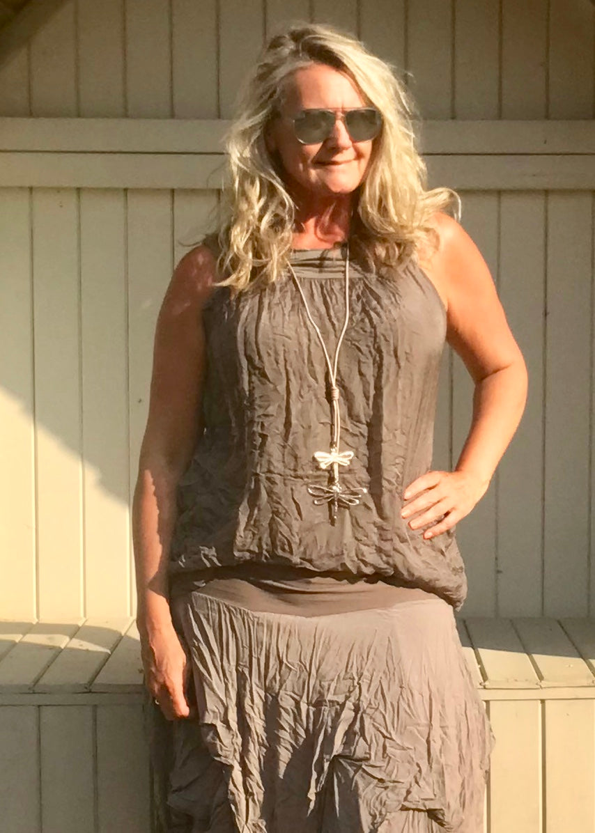 Pure Silk Vest Top in Mocha Made In Italy by Feathers Of Italy One Size - Feathers Of Italy 