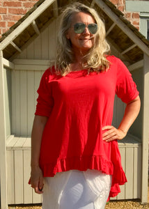 Frill Bottomed T Shirt Top 100% Cotton in Red Made In Italy By Feathers Of Italy One Size - Feathers Of Italy 