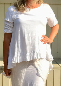Frill Bottomed T Shirt Top 100% Cotton in White Made In Italy By Feathers Of Italy One Size - Feathers Of Italy 