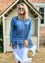Load image into Gallery viewer, Silk Ruffle Bottom Oversized Jersey Tunic  in Blue Made In Italy - Feathers Of Italy 
