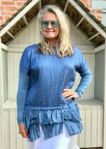 Silk Ruffle Bottom Oversized Jersey Tunic  in Blue Made In Italy - Feathers Of Italy 