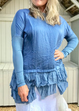 Load image into Gallery viewer, Silk Ruffle Bottom Oversized Jersey Tunic  in Blue Made In Italy - Feathers Of Italy 
