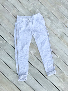 Amazing Woman Crinkle Jeans with Draw String Waist in White With Diamonte Trim One Size - Feathers Of Italy 