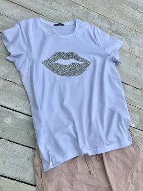 Diamonte lips super stretchy one size T-Shirt in White - Feathers Of Italy 