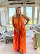 Load image into Gallery viewer, Pleated Halter Neck Maxi Dress  in Orange One Size | Feathers Of Italy 
