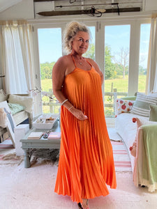 Pleated Halter Neck Maxi Dress  in Orange One Size | Feathers Of Italy 