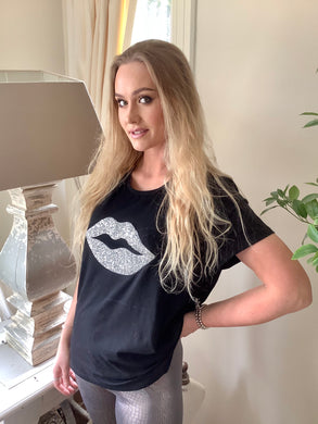 Diamonte lips super stretchy one size T-Shirt in Black - Feathers Of Italy 