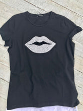 Load image into Gallery viewer, Diamonte lips super stretchy one size T-Shirt in Black - Feathers Of Italy 
