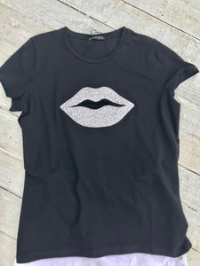 Diamonte lips super stretchy one size T-Shirt in Black - Feathers Of Italy 