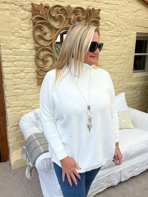 Rolled Neck Relaxed Style Jumper In Winter Cream | Feathers Of Italy 