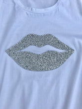 Load image into Gallery viewer, Diamonte lips super stretchy one size T-Shirt in White - Feathers Of Italy 
